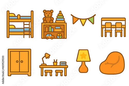 Kids' Bedroom Setup. Flat vector mini-illustrations Kids' shared bedroom setup in colors children's