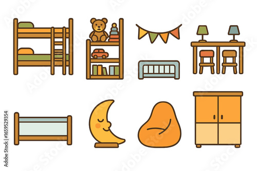 Kids' Bedroom Setup. Flat vector mini-illustrations Kids' shared bedroom setup in colors children's