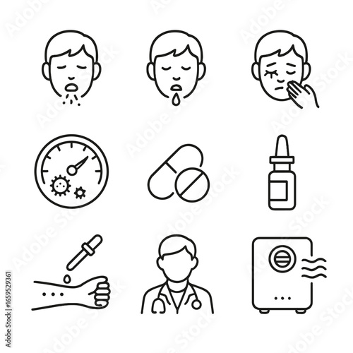 Pollen Allergy Icons. Outline icon set of pollen allergy: sneezing face, runny nose, itchy eyes, pollen count gauge, medicine pill