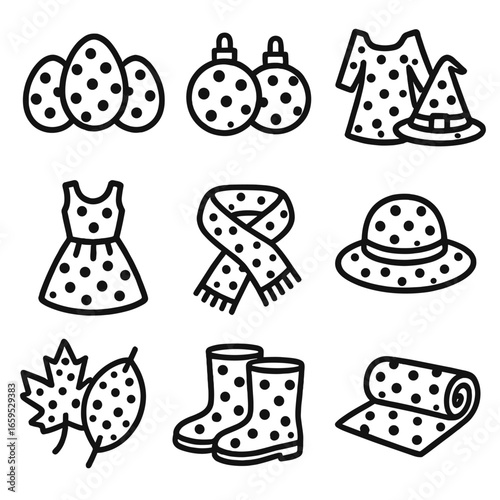 Polka Dot Icon Collection. Outline icon set of polka dot seasonal items: polka dot Easter eggs, polka dot Christmas ornaments,