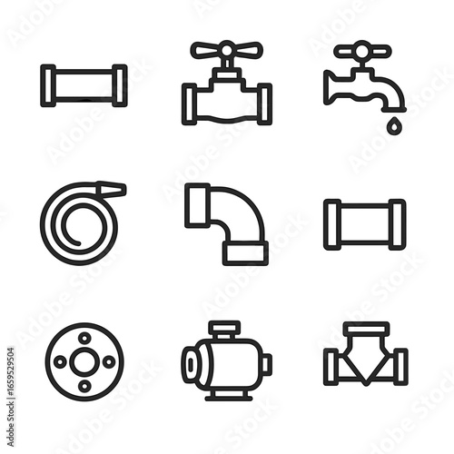 Plumbing Icon Set. Outline icon set of plumbing components: pipe, valve, faucet, hose, elbow joint, coupler, flange, pump, filter.