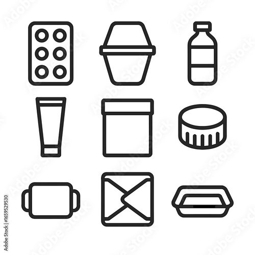 PVC Packaging Icons. Outline icon set of PVC packaging materials: blister pack, clamshell container, bottle, tube, box, cap, label