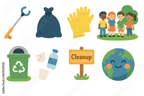 Kids' Community Clean-Up. Flat vector mini-illustrations community clean-up day in colors children's