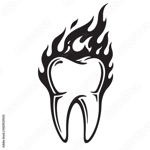 Fiery tooth illustration depicting toothache pain dentistry oral healthcare concept for design