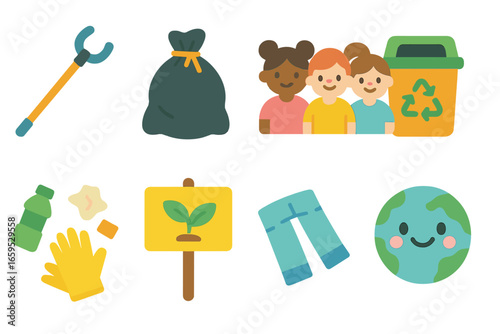 Kids' Community Clean-Up. Flat vector mini-illustrations community clean-up day in colors children's