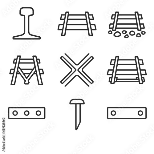 Railway Icons Grid. Outline icon set of railway track elements: rail, sleeper, ballast, switch, frog, guard rail, fishplate, spike