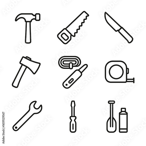 Raft Tools Icons. Outline icon set of raft tools: hammer, saw, knife, axe, rope cutter, measuring tape, wrench, screwdriver,