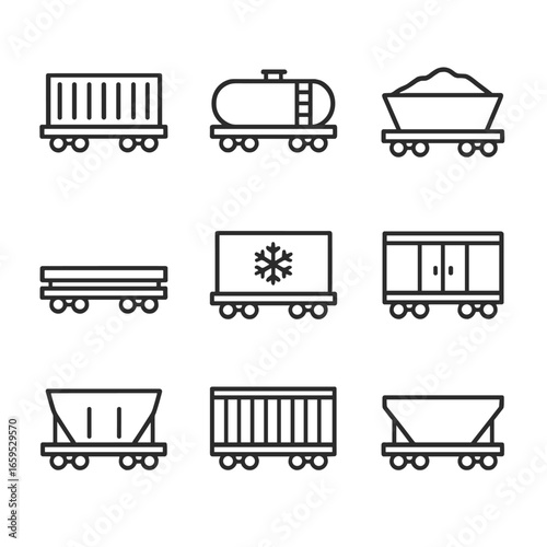 Rail Freight Icons. Outline icon set of rail freight types: container wagon, tanker wagon, coal wagon, flatbed wagon, refrigerated