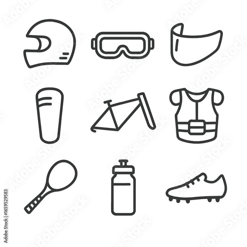 Polycarbonate Sports Icons. Outline icon set of polycarbonate sports equipment: helmet, goggles, visor, shin guard, bicycle frame,