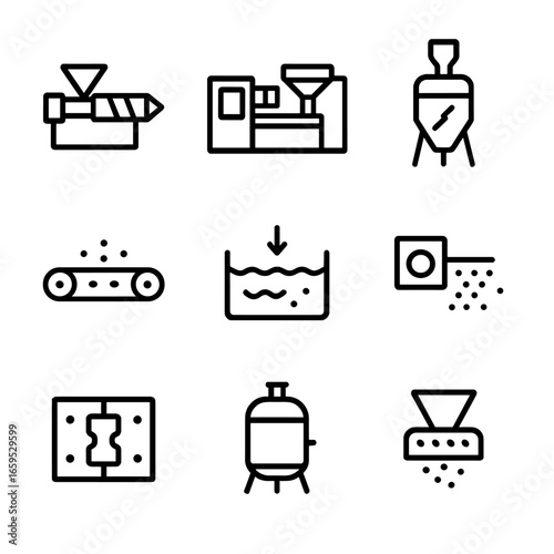 Polymer Equipment Icons. Outline icon set of polymer manufacturing equipment: extruder, injection molding machine, mixer, conveyor
