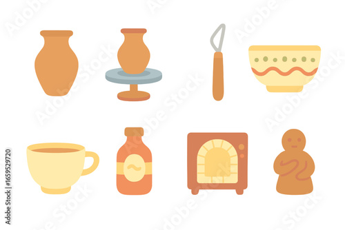 Pottery Craft Icons. Flat vector mini-illustrations pottery craftsmanship in colors children's illustrations: clay vase, spinning