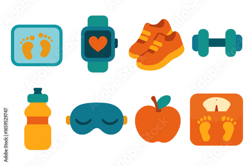 Kids' Fitness Icons. Flat vector mini-illustrations daily activity tracking in colors children's illustrations