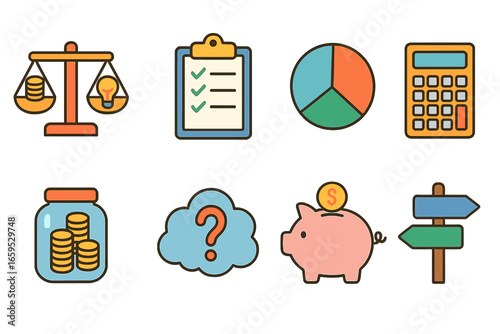 Kids' Financial Symbols. Flat vector mini-illustrations Cost-benefit analysis in colors children's