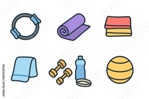 Kids' Fitness Icons. Flat vector mini-illustrations pilates and stretching routines in colors children's