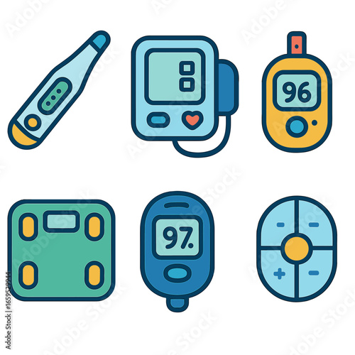 Kids' Health Tech Icons. Flat vector mini-illustrations Home health check tech in colors children's