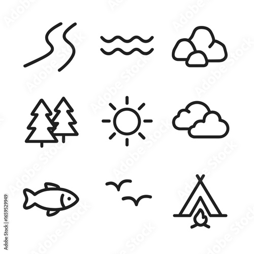 Rafting Adventure Icons. Outline icon set of raft environment: river, waves, rocks, trees, sun, clouds, fish, birds, campsite.