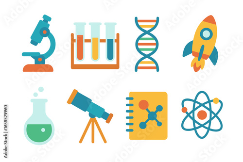 Science Icons Grid. Flat vector mini-illustrations scientific discovery in colors children's illustrations: microscope, test tubes
