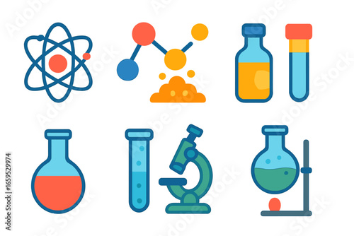 Science Lab Icons. Flat vector mini-illustrations bunsen burner science in colors children's illustrations: atomic model, molecule