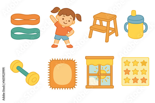 Kids' Home Exercise Icons. Flat vector mini-illustrations Resistance training for kids at home in colors