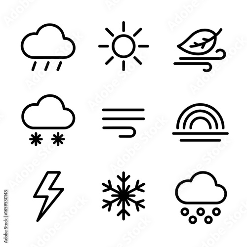 Seasonal Weather Icons. Outline icon set of seasonal weather: rain cloud, bright sun, windy leaf, snow cloud, fog, rainbow,