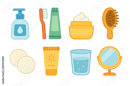 Kids' Morning Essentials. Flat vector mini-illustrations morning beauty routines in colors children's