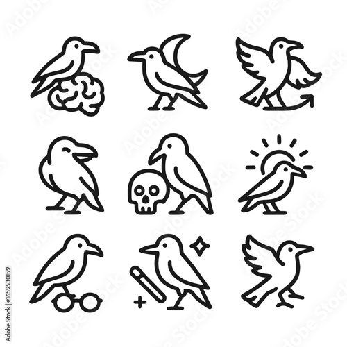 Raven Symbolism Icons. Outline icon set of raven symbolism: intelligence, mystery, transformation, trickery, death, prophecy,