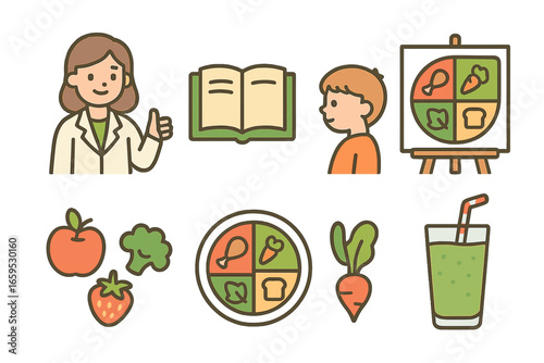 Kids' Nutrition Icons. Flat vector mini-illustrations Nutrition education session in colors children's