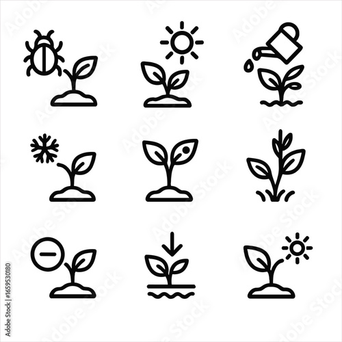 Seedling Threats Icons. Outline icon set of seedling threats: pests, drought, overwatering, frost, disease, weeds, nutrient