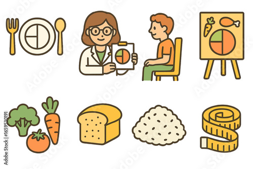 Kids' Nutrition Icons. Flat vector mini-illustrations Discussing portion sizes in colors children's