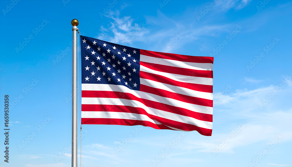 Naklejka premium US flag waving with blue sky.