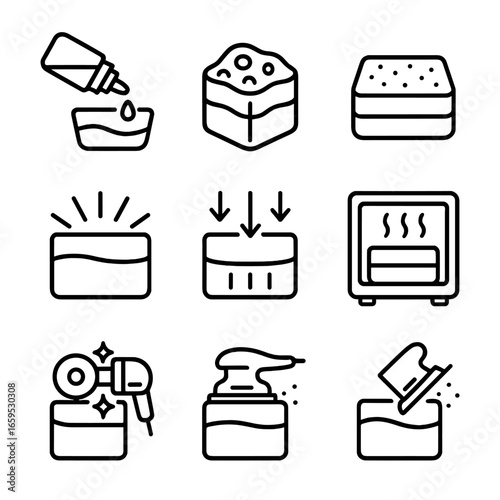 Resin Curing Icons. Outline icon set of resin curing stages: liquid resin, gel stage, hardening, fully cured, exothermic reaction,