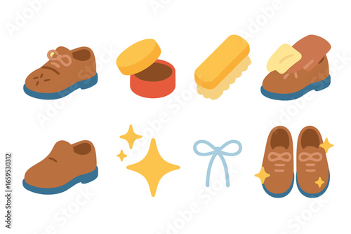 Shoe Polishing Icons. Flat vector mini-illustrations polishing shoes in colors children's illustrations: scuffed shoe, polish tin,