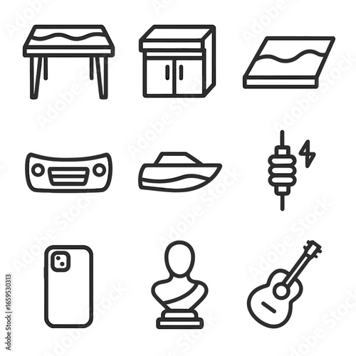 Resin Product Icons. Outline icon set of resin product examples: table top, countertop, floor coating, car part, boat hull,