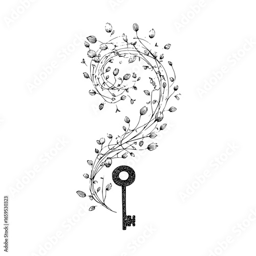 Floral key tattoo design with lily flowers and vines intricate line art for custom tattoo ideas and inspiration