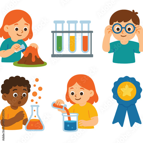 Kids' Science Experiments. Flat vector mini-illustrations Kids doing science experiments in colors children's