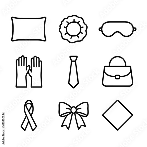 Silk Accessories Icons. Outline icon set of silk accessories: silk pillowcase, silk hair tie, silk eye mask, silk gloves, silk