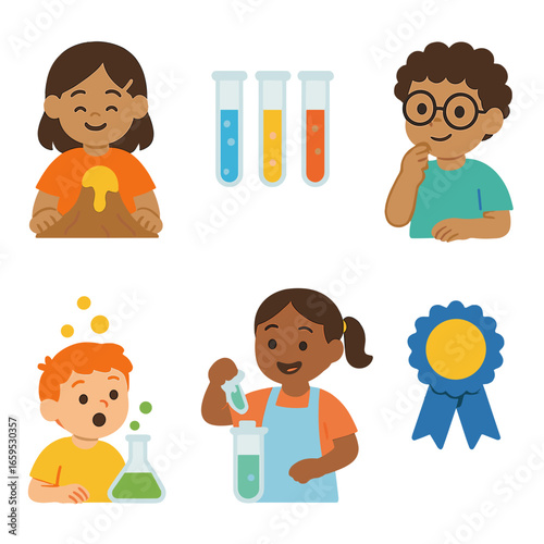 Kids' Science Experiments. Flat vector mini-illustrations Kids doing science experiments in colors children's