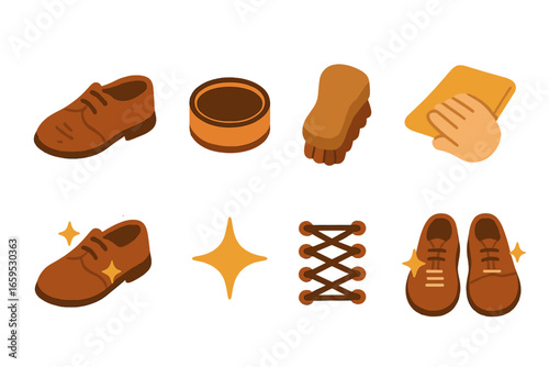 Shoe Polishing Icons. Flat vector mini-illustrations polishing shoes in colors children's illustrations: scuffed shoe, polish tin,