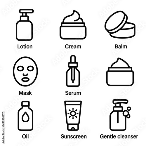 Skincare Icons Grid. Outline icon set of soft skincare: lotion, cream, balm, facial mask, serum, moisturizer, oil, sunscreen,