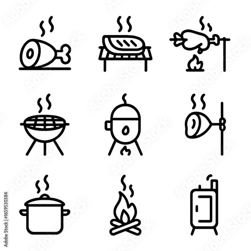 Smoky Cooking Icons. Outline icon set of smoky cooking methods: smoking meat, grilling, roasting, barbecuing, curing, slow cooking