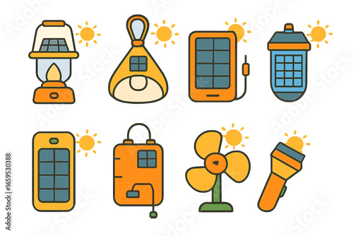 Kids' Solar Gear Icons. Flat vector mini-illustrations Solar-powered outdoor gear in colors children's