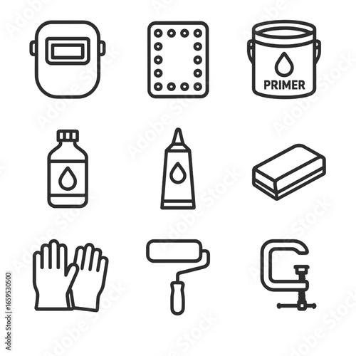 Rust Repair Tools Icons. Outline icon set of rust repair: welding mask, metal patch, primer paint, rust converter, metal filler,