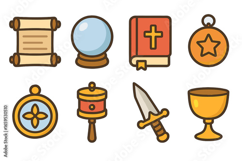 Sacred Artifacts Icons. Flat vector mini-illustrations sacred artifacts in colors children's illustrations: ancient scroll,