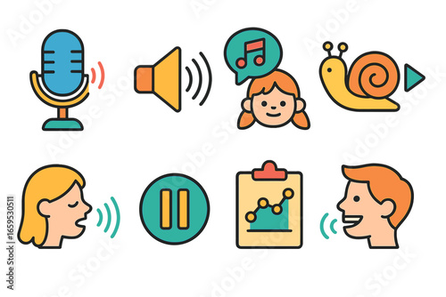 Kids' Voice Control Icons. Flat vector mini-illustrations Voice control and clarity for speakers in colors