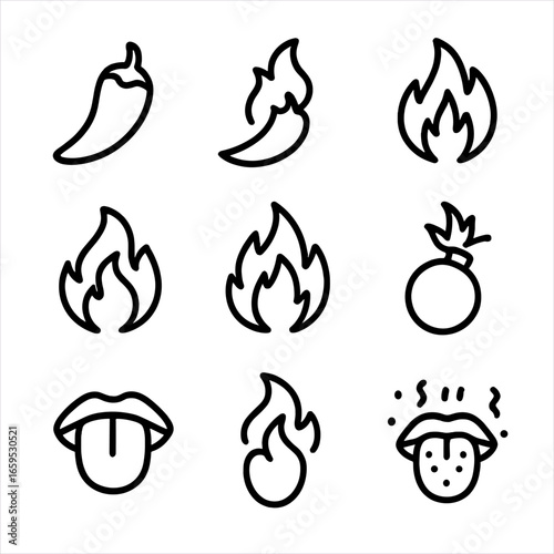 Spicy Food Icon Set. Outline icon set of spicy food heat levels: mild, medium, hot, extra hot, blazing, fiery, burning, explosive,