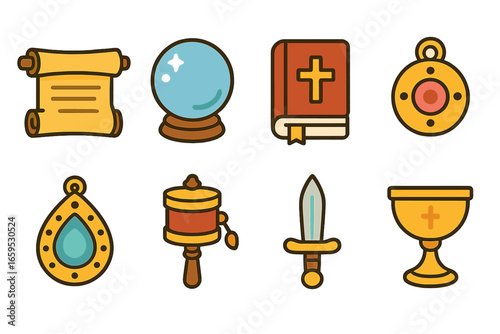 Sacred Artifacts Icons. Flat vector mini-illustrations sacred artifacts in colors children's illustrations: ancient scroll,
