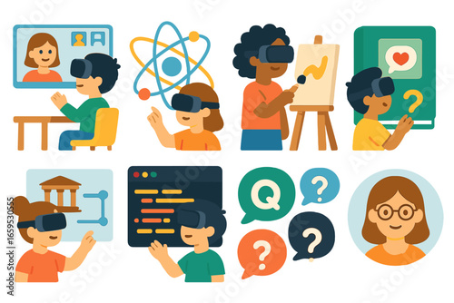 Kids' VR Learning Icons. Flat vector mini-illustrations learning in VR in colors children's illustrations: