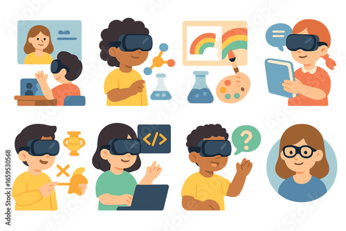 Kids' VR Learning Icons. Flat vector mini-illustrations learning in VR in colors children's illustrations: