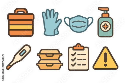 Safe Food Delivery Icons. Flat vector mini-illustrations food delivery safe handling in colors children's illustrations: insulated