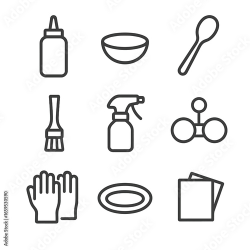 Sriracha Tools Icon Set. Outline icon set of sriracha serving tools: squeeze bottle, dipping bowl, sauce spoon, brush applicator,